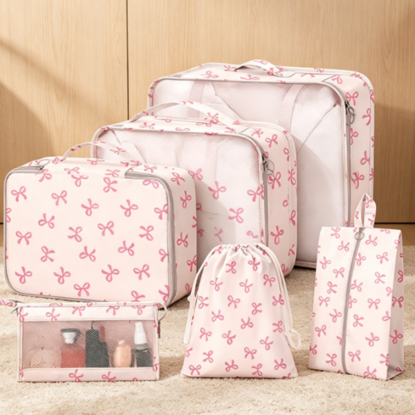 8-Piece Nylon Luggage Organizer Set (Includes shoe bag, cosmetic bag, and clothing bag) - Pink bow.