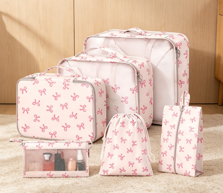 8-Piece Nylon Luggage Organizer Set (Includes shoe bag, cosmetic bag, and clothing bag) - Pink bow.