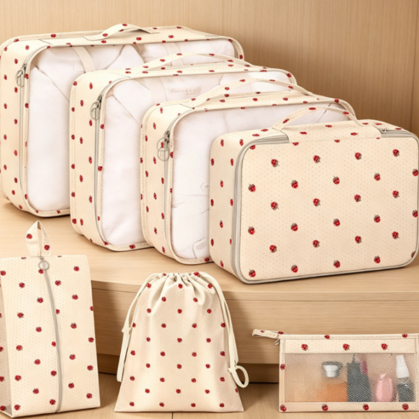 8-Piece Nylon Travel Organizer Set (Includes large toiletry bag, shoe bag, and clothing bag) - Beige strawberry pattern.