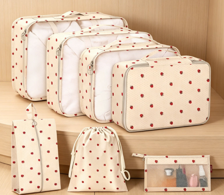 8-Piece Nylon Travel Organizer Set (Includes large toiletry bag, shoe bag, and clothing bag) - Beige strawberry pattern.