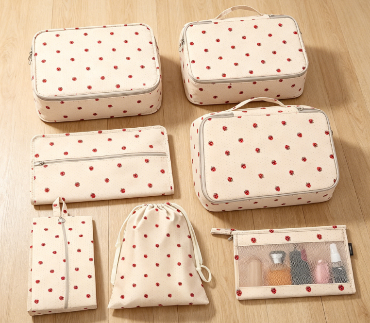 8-Piece Nylon Travel Organizer Set (Includes large toiletry bag, shoe bag, and clothing bag) - Beige strawberry pattern. - Image 2