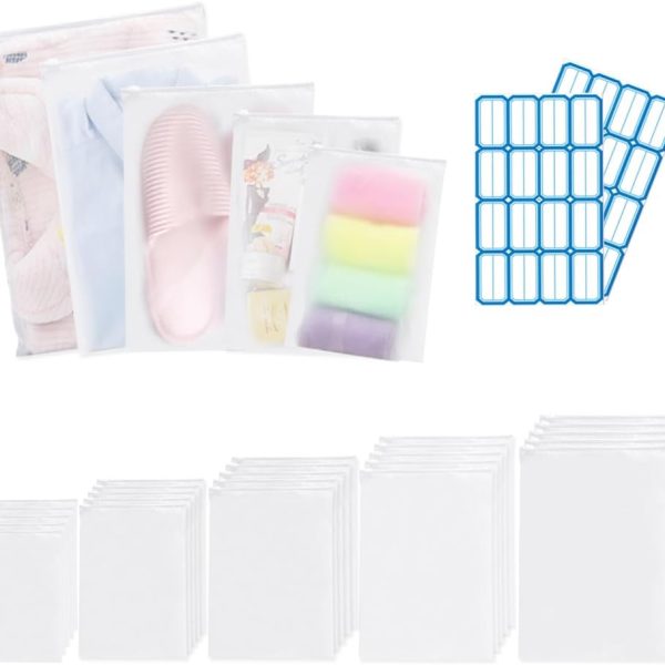 Plastic Divider Bags (30pcs) - Frosted Self-Sealing Bags with Label Area - Waterproof Zipper - 5 Sizes - Clothing, Shoes, and Cosmetics Storage