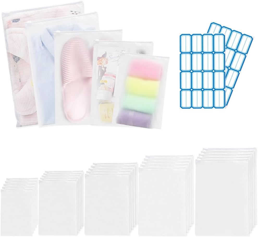Plastic Divider Bags (30pcs) - Frosted Self-Sealing Bags with Label Area - Waterproof Zipper - 5 Sizes - Clothing, Shoes, and Cosmetics Storage