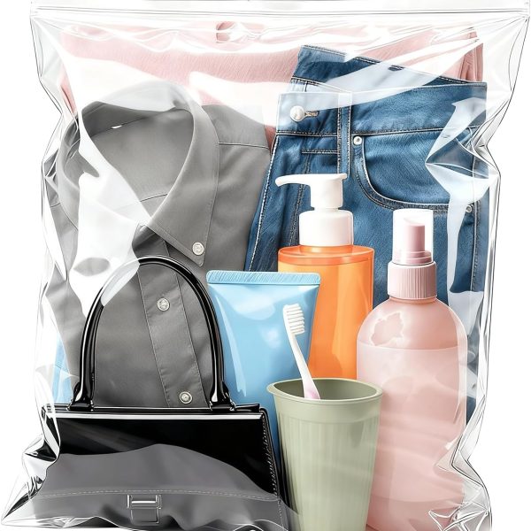 5-Piece Plastic Storage Bags, 3 Mil Thickened, 16×20 Inch Extra Large Transparent Zipper Bags, Travel Clothing and Crafts Storage