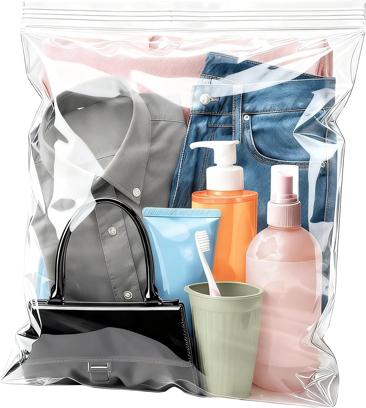 5-Piece Plastic Storage Bags, 3 Mil Thickened, 16×20 Inch Extra Large Transparent Zipper Bags, Travel Clothing and Crafts Storage