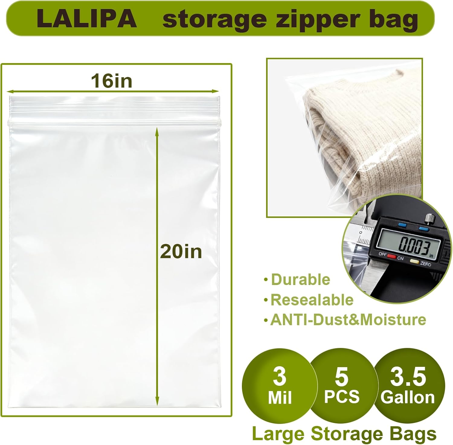 5-Piece Plastic Storage Bags, 3 Mil Thickened, 16×20 Inch Extra Large Transparent Zipper Bags, Travel Clothing and Crafts Storage - Image 2
