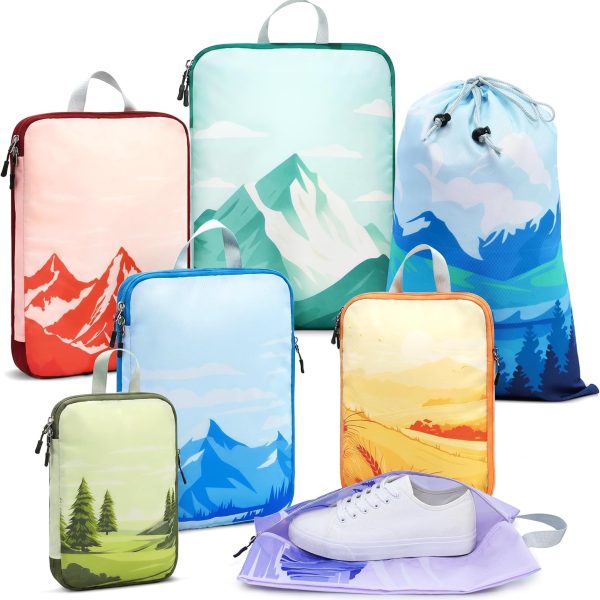 7-Piece Nylon Compression Bag Set: Expandable Double Zipper Mesh Design, Includes Shoe Bag and Drawstring Bag, Suitable for Camping Carry-on Luggage